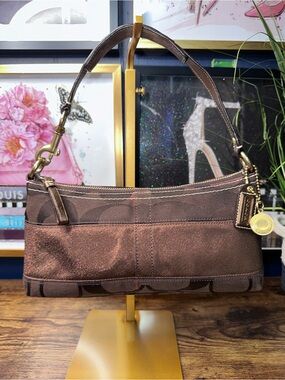 Coach Signature Jacquard Mini Shoulder Bag Brown Bronze Metallic Trim Y2K